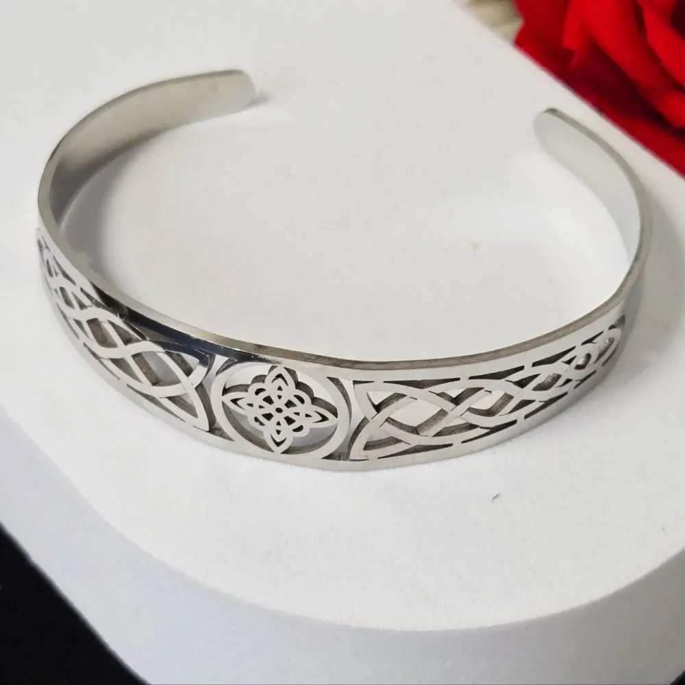 Celtic Knot Cuff Bracelet Stainless Steel Triquetra Irish Knot Open Bangle